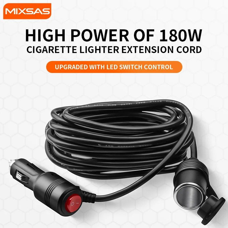 MIXSAS Car Cigar Lighter Exension Cable with LED Switch Fuse 12V 24V Charger Power Adapter 0.6/1.5/3/4/5M Waterproof  시거잭 연