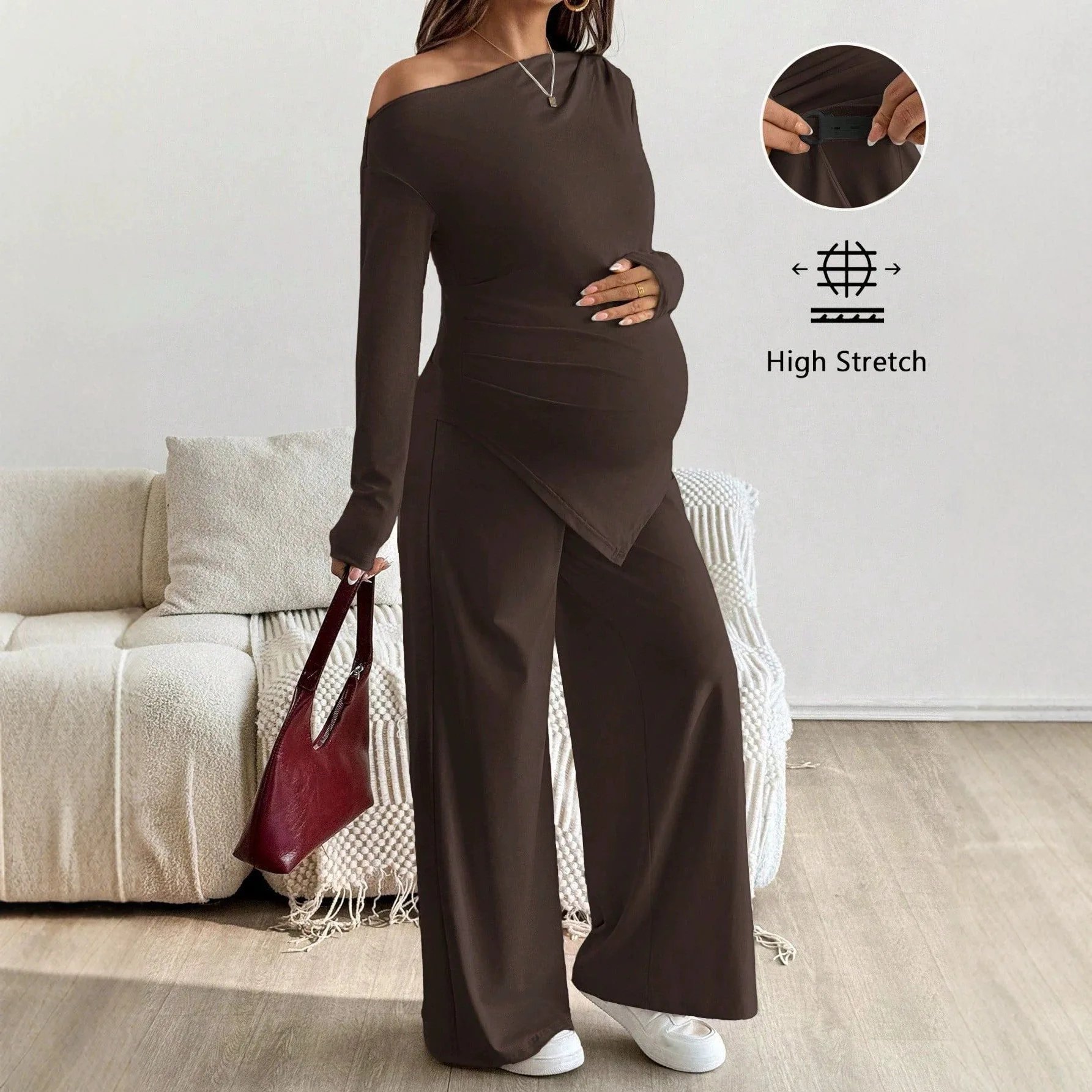 2026 New Spring Autumn Maternity 2 Piece Set Off Shoulder Slim T-Shirt Adjustable Waist Wide Leg Long Pants Pregnancy Outfit