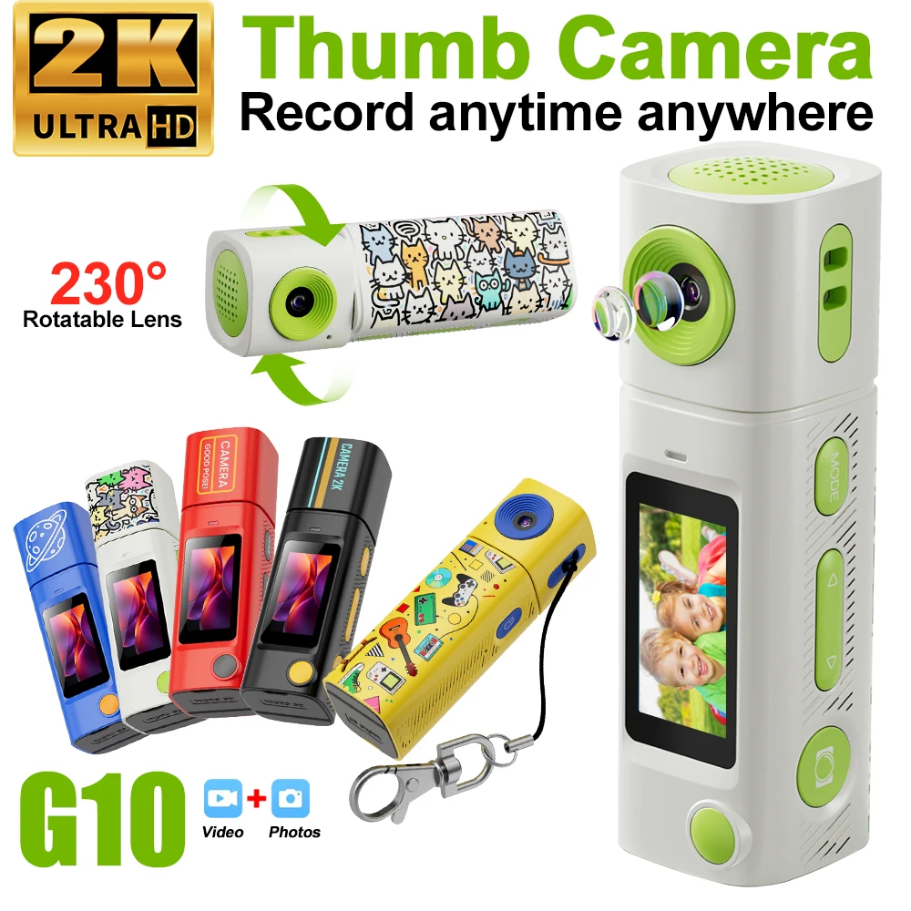 G10 2K HD Retro Mini Keychain Thumb Camera Recorder LCD Screen 230° Rotation Lens Portable Selfie Camera Mini Digital Vlog Camer
