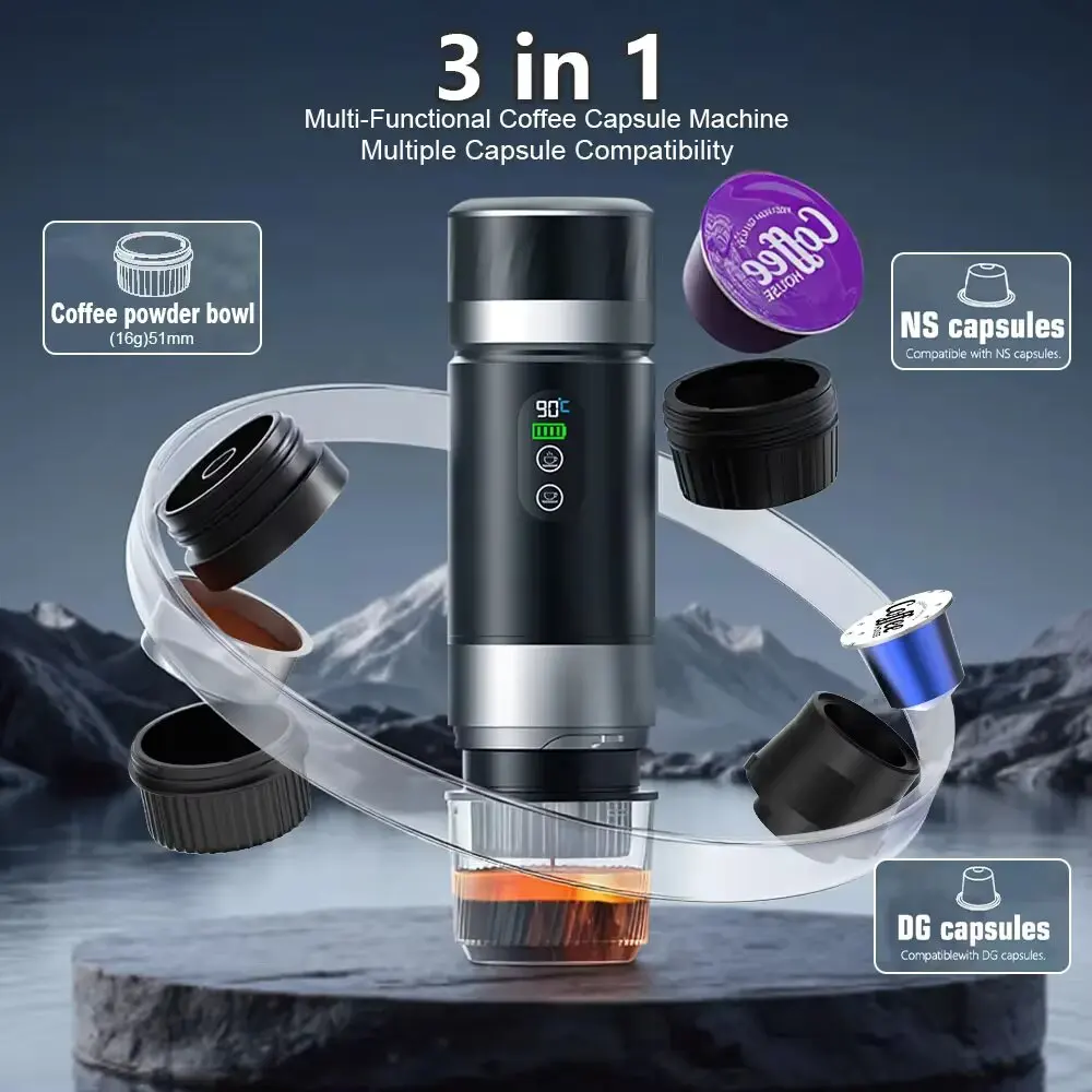 Portable 3-In-1 Espresso Coffee Machine With Digital Display Removable Battery For Car & Home Camping Capsule Coffee Maker