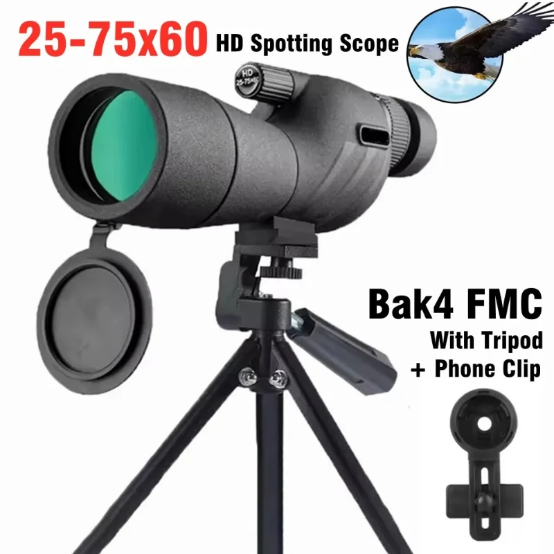 25-75x60 Telescope Spotting Scope Powerful Zoom Monocular FMC BAK4 Waterproof For Bird Watching Target Shotting With Tripod