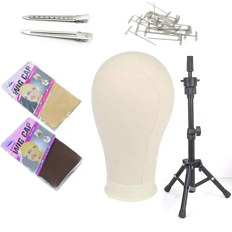 Canvas Block Head Display Wig Mannequin Stand with Head Wig Stand Tripod with Wig Cap Edge Brush Tpins and Duck Bill Hair Clips