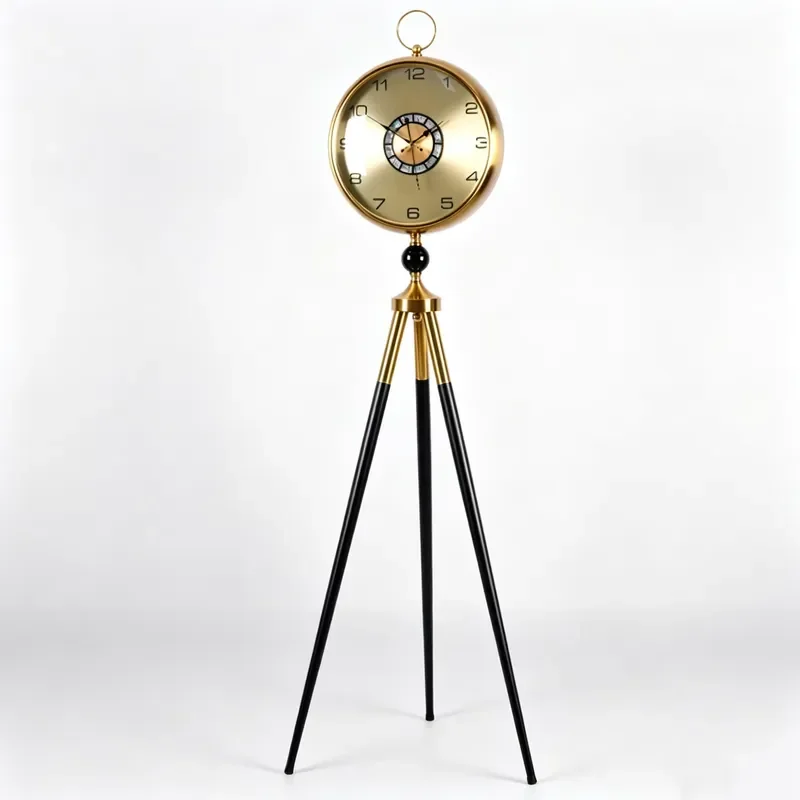 Black Gold Tripod Floor Clock Art Decor Standing Floor Watch Premium Metal Craft Floor Clock for Living Room Entrance Decor