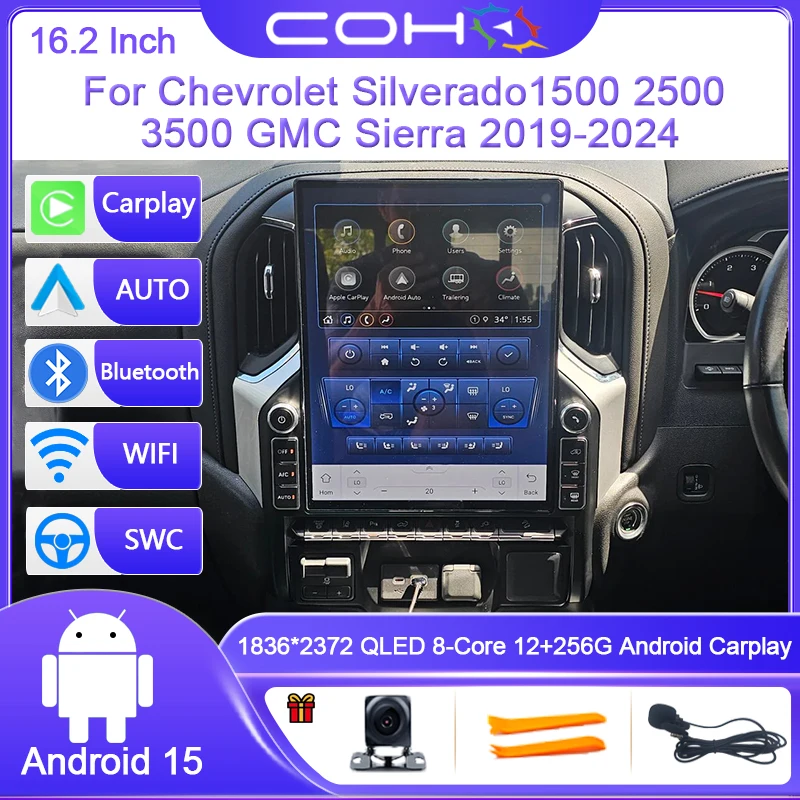 16.2 Inch For Chevrolet Silverado1500 2500 3500 GMC Sierra 2019-2024 Dual System Car Stereo Multimidia Car Radio Android 15 GPS
