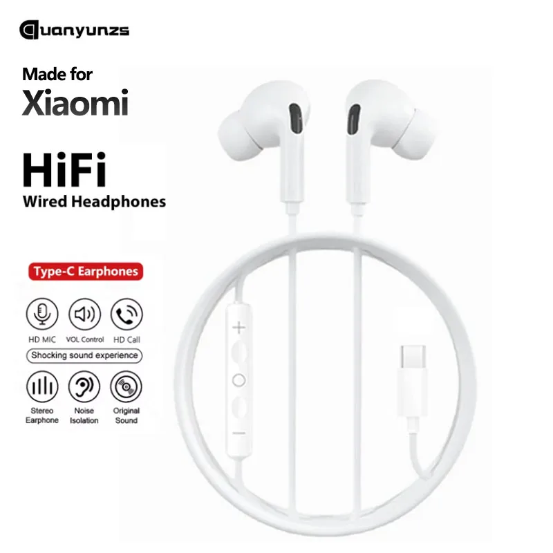 Original Type C Wired Headphones USB C Stereo Bass Earphones for Xiaomi K90 17 15 14 Pro Ultra 3.5mm Earbuds With Mic For Redmi