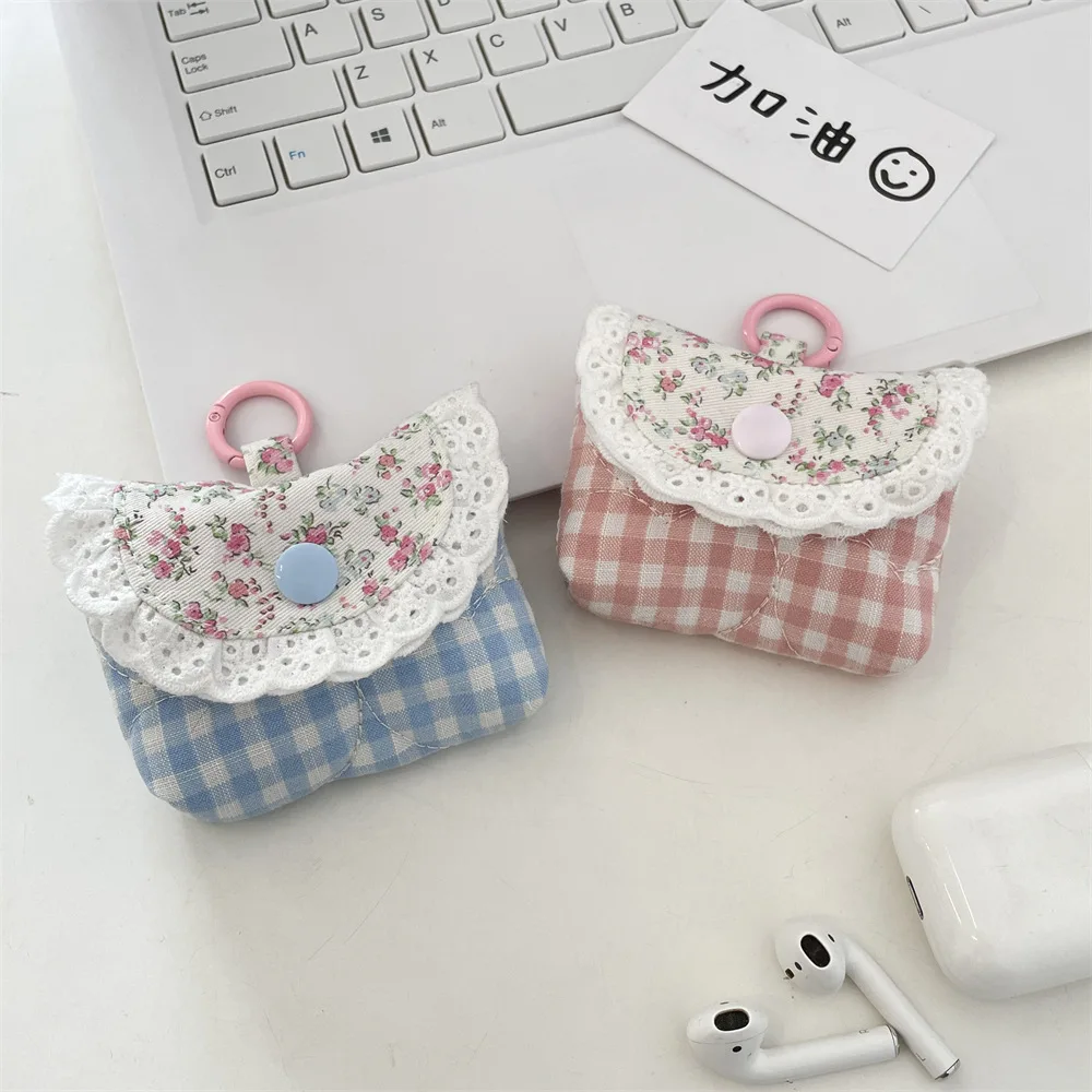 Mini Cute Sweet Lace Floral Coin Purse Fashion Pink Blue Plaid Headphone Protective Case Girls Portable Small Storage Bag