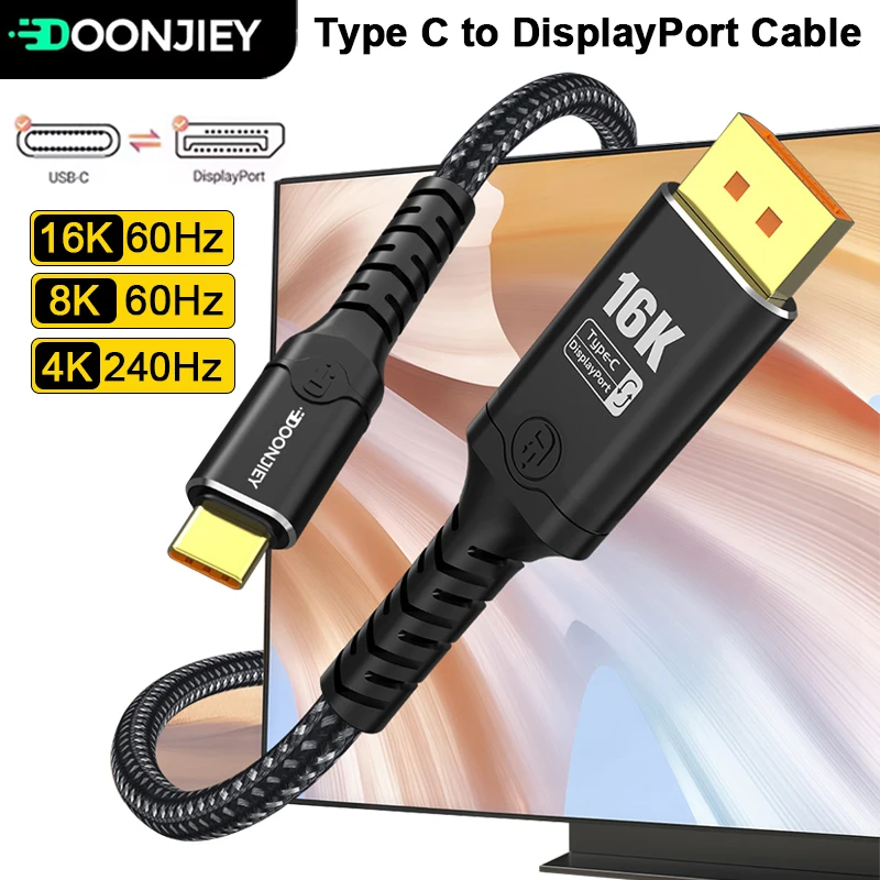 DOONJIEY 16K DP to Type C Cable Bidirectional USB C to Displayport 2.1 For Thunderbolt 4/3 54Gpbs MacBook Huawei Air Projector
