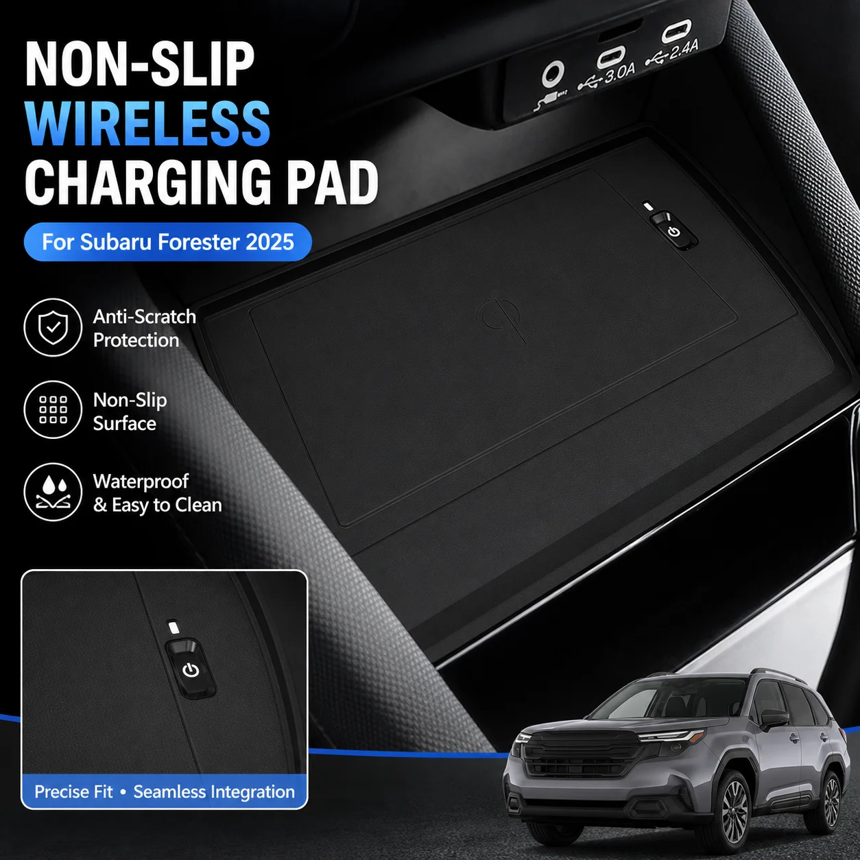 Center Console Silicone Non-Slip Wireless Charging Pad Anti-Scratch For Subaru Forester 2025 Car Interior Accessory