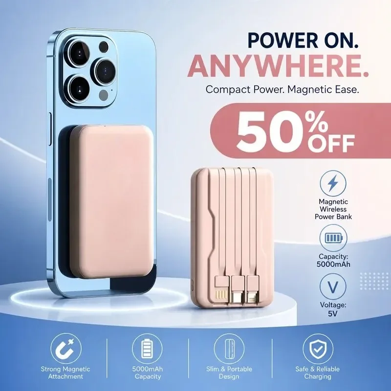 20000mAh 5V Power Bank for Wireless Charging Magnetic Suction Portable Fast Charging Power Bank with Built-in Cable