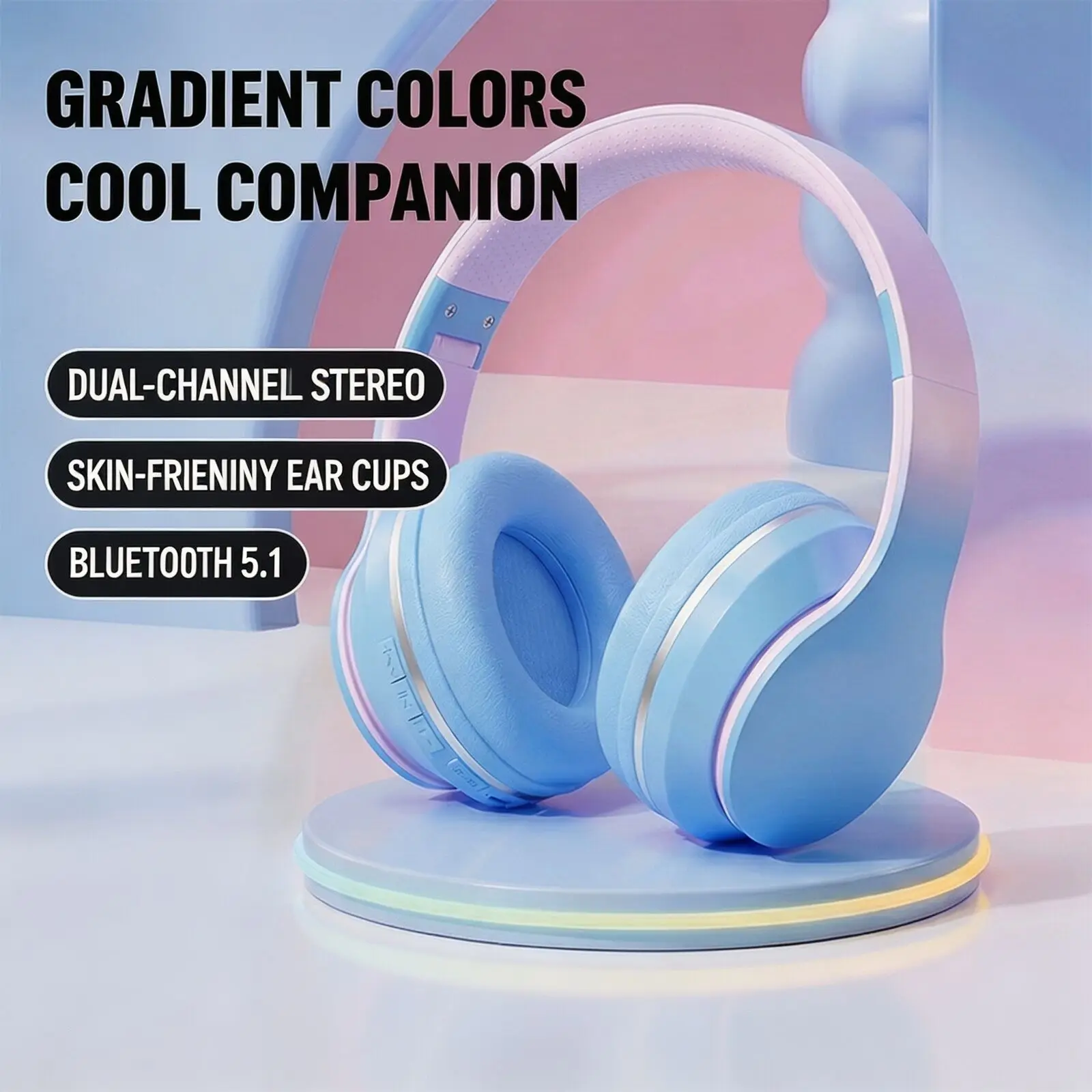 Gradient Over Ear Headphones 50H Playtime Bluetooth 5.1 Wireless Wired Dual Mode Foldable Adjustable Headband Stereo Headset