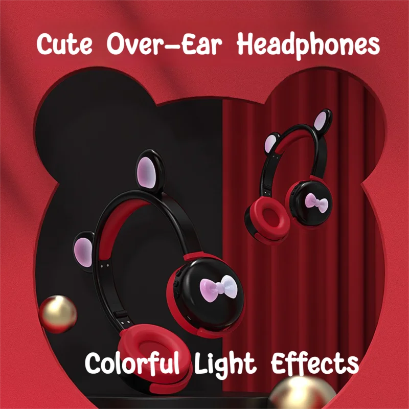 BK7 Over Ear Bluetooth Headphones RGB Ear&Bowknot Light Wired/Wireless Foldable Long Battery Life Cute Headset for Girl's Gift