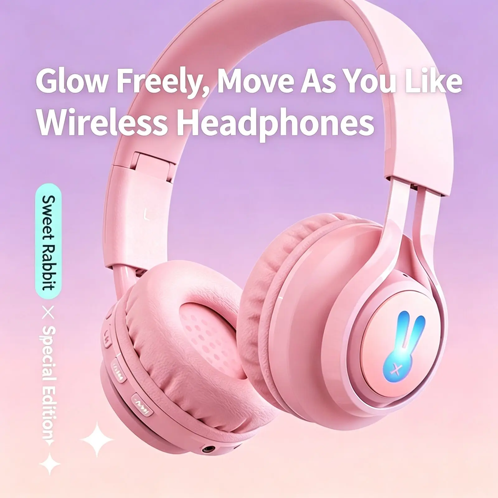Cute Bunny RGB Light Wireless Headphones Foldable Bluetooth Headset Kids Girls Stereo Earphones Support AUX Wired Mode PC Gaming