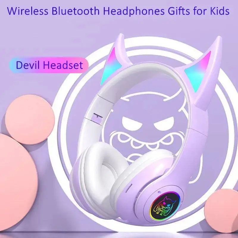 Cute Devil Ear Wireless Bluetooth 5.0 Headworn Headset RGB Luminous Hifi Stereo TF Card Headset for PC Computer Children Gifts