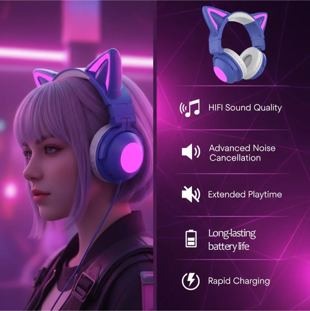 Cat Ear Design RGB Wireless Headset Bluetooth 5.0+Wired Dual Mode Foldable Over-ear Headphones ANC Noise Reduction for Gaming
