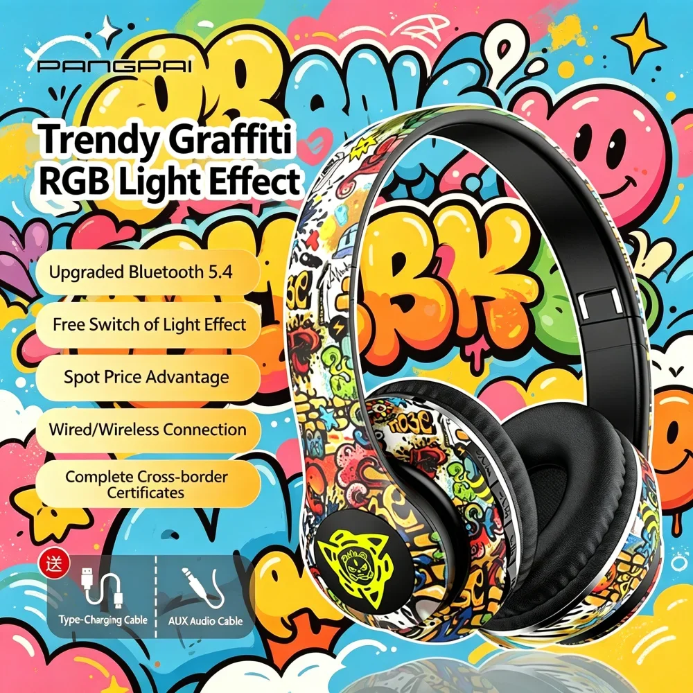 Graffiti Style Over-Ear Bluetooth Headphones RGB Lighting AUX Audio Playback, Foldable Design Wireless Headset for Gaming Music