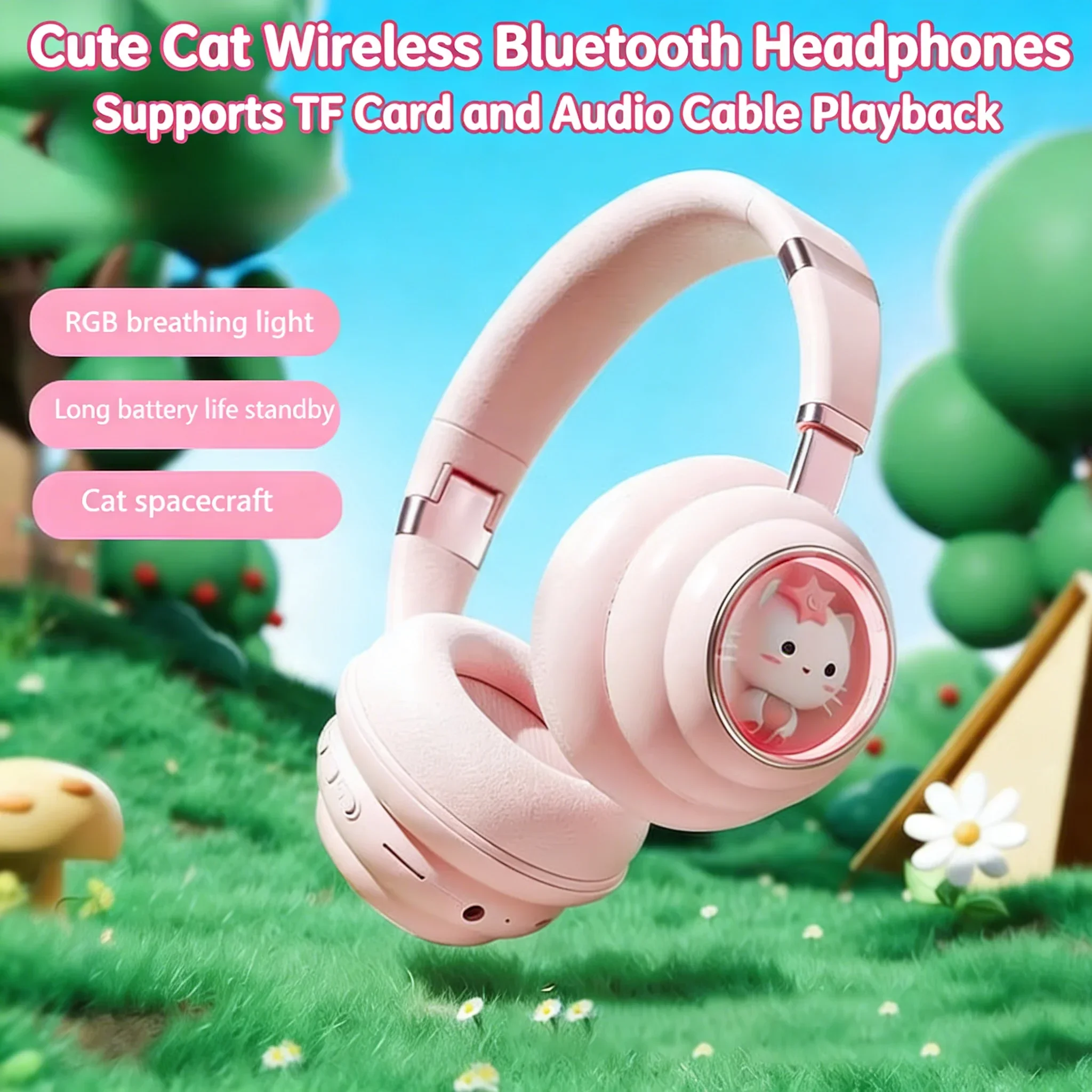 Cute Cat Wireless Bluetooth Headphones RGB Breathing Light Audio Cable TF Card Playback Foldable Headset for Girls Gift
