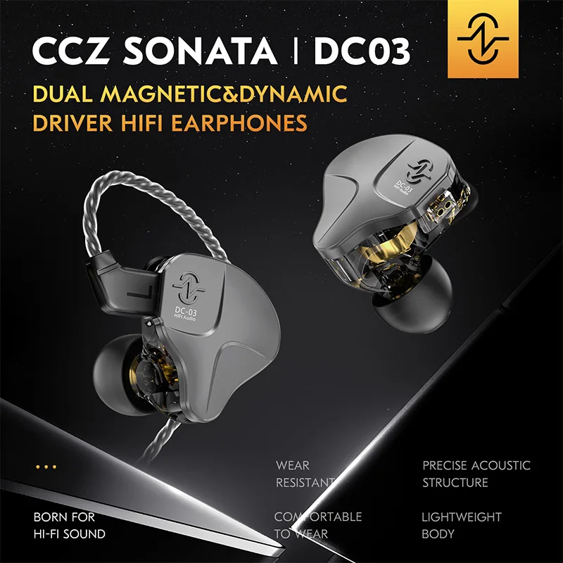 HiFi In-ear Earphone CCZ DC03 10MM Dual Magnetic Dynamic Balanced Wired Headphones 2PIN-TFZ Replaceable IEM Cable Gaming Headset