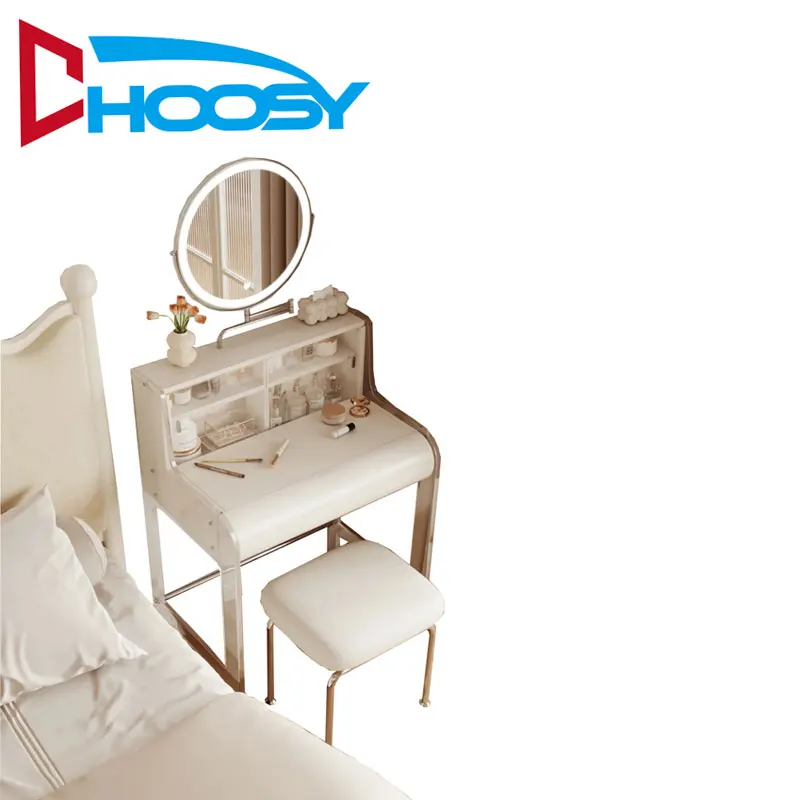 Modern LED-Lit Foldable Bedroom Dresser Modern LED-Lit Foldable Vanity Table Storage Glass MDF Wood Metal Home Furniture Lighted