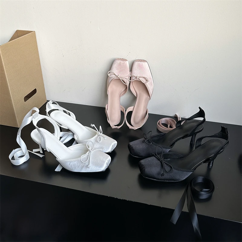 Women's Satin Ballet Style Slingback Heels,Bow Square Toe Kitten Heel Sandals with Detachable Ribbon,Elegant Party Shoes,Fast