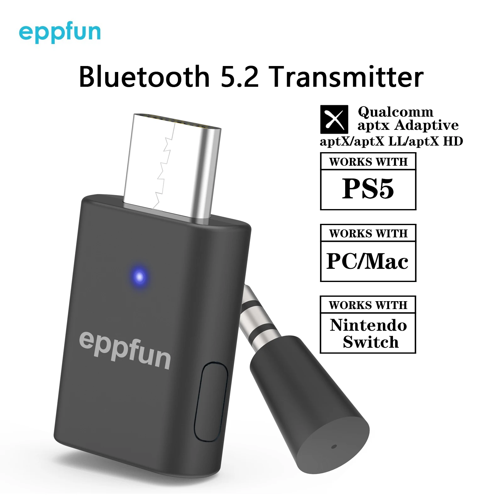 Eppfun AK3040Pro USB-C Qualcomm AptX-Adaptive Bluetooth 5.2 Transmitter for PC/Mac/PS5, Dual Connection Audio Dongle Adapter