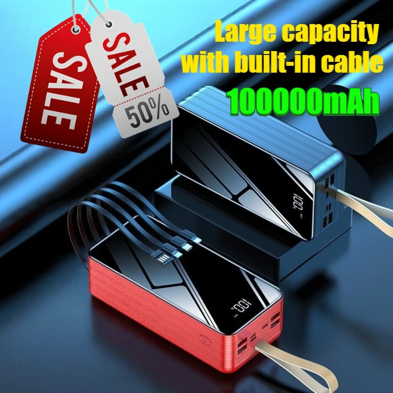 100000mAh Fast Charging Power Bank with Built-in Cable Large Capacity Digital Display Portable Charger