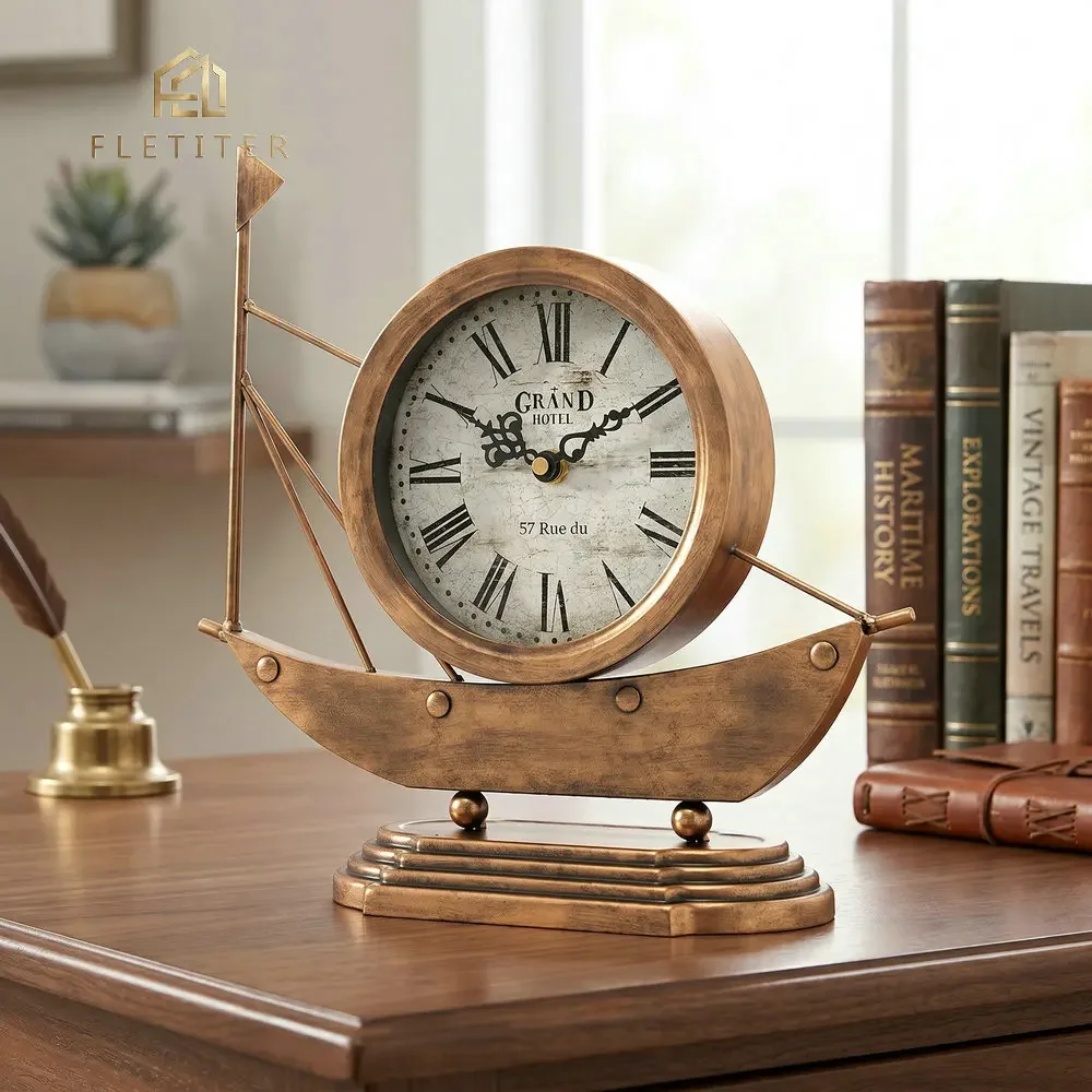 Retro Table Clock with Luxury Brass Finish, Creative Desk Ornament & Home Office Decor, Vintage Roman Numeral Vintage Timepiece