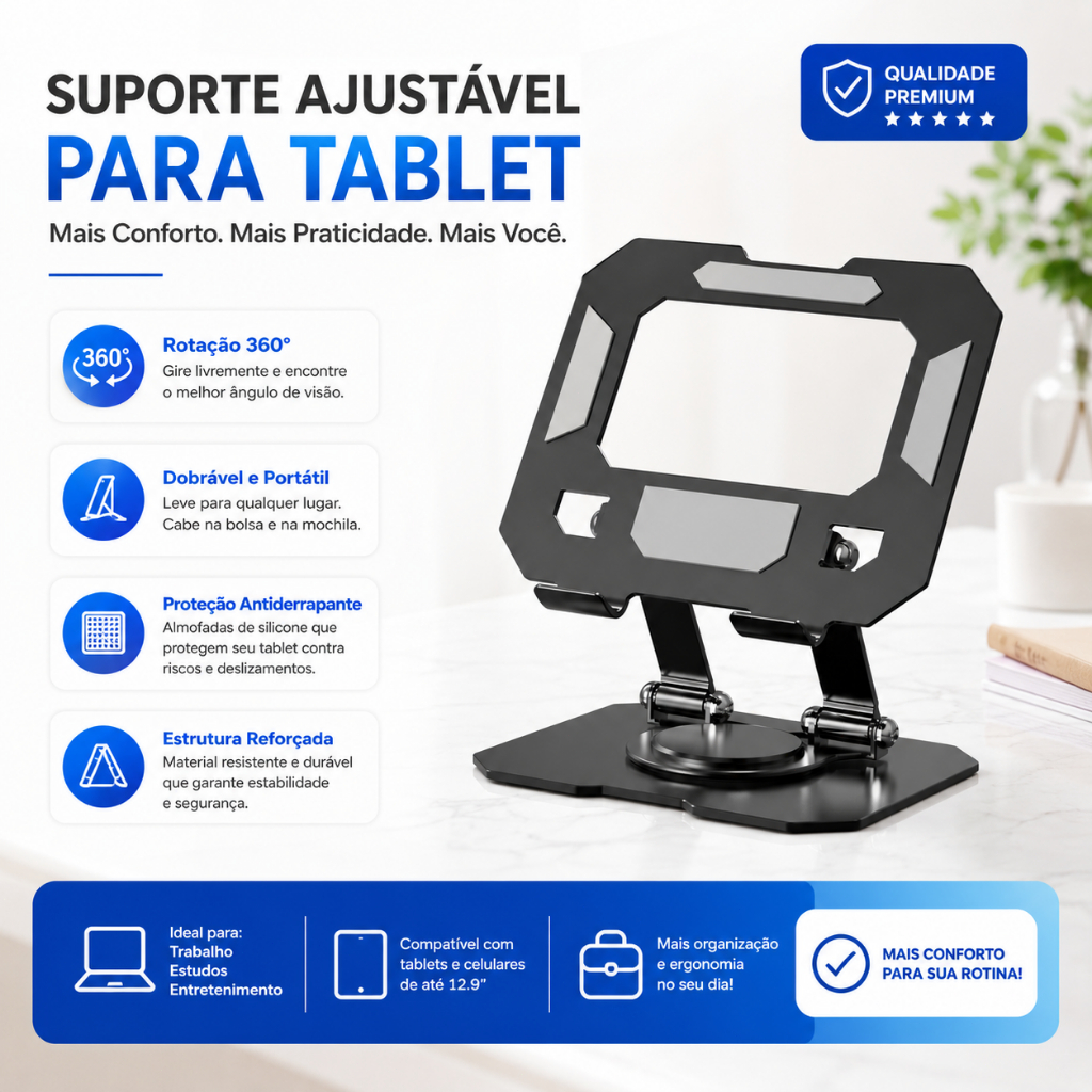 360° Tablet Table Stand Adjustable and Foldable Base Ergonomic Support