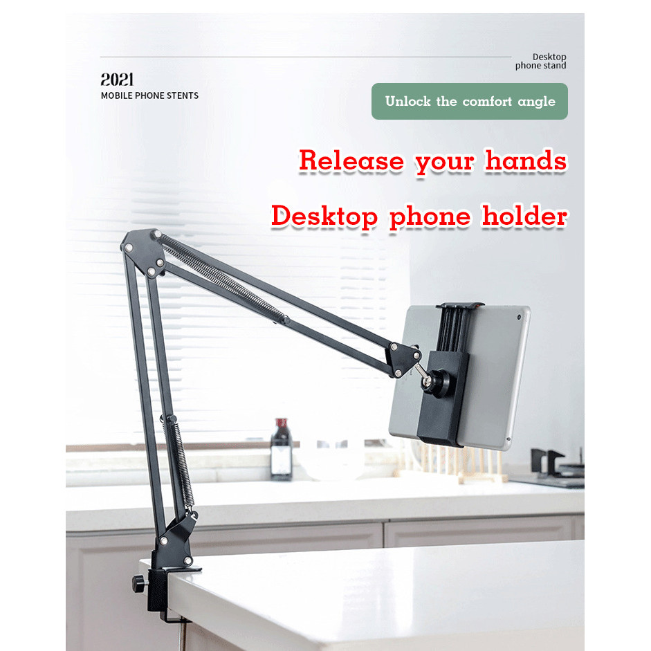 [360° Rotation] Multi-Angle Phone Tablet Holder Adjustable Arm Stand For Live Streaming/Online Classes/Desk Clamp/Bedsid