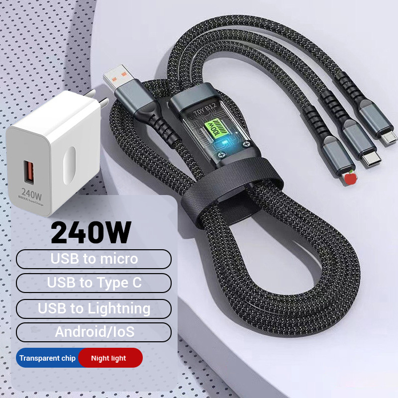 Data cable 3 in 1 240W super fast charging Type-C for iPhone ios USB Android braided one to three data cable - black
