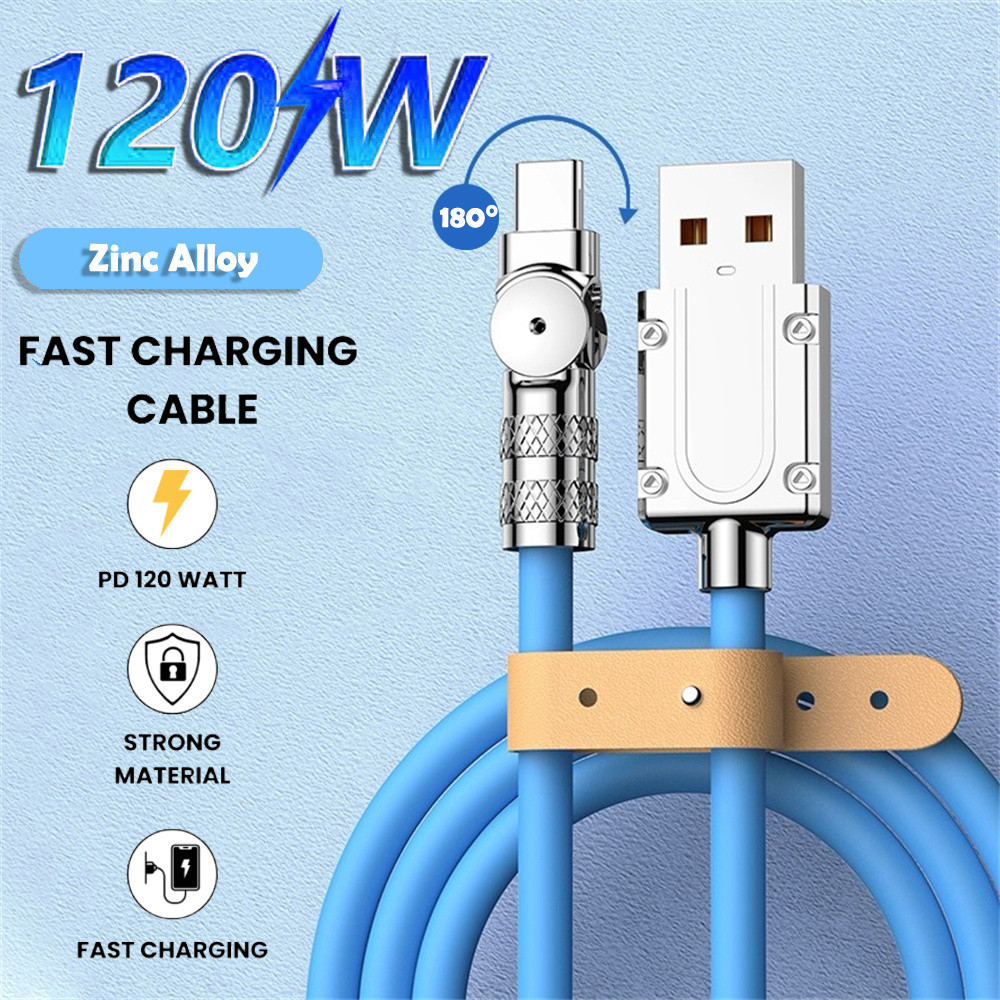 120W Fast Charging iphone Kabel Data Micro USB 6A Type C Tipe C For Android Gaming Cable rotasi diputar 180°