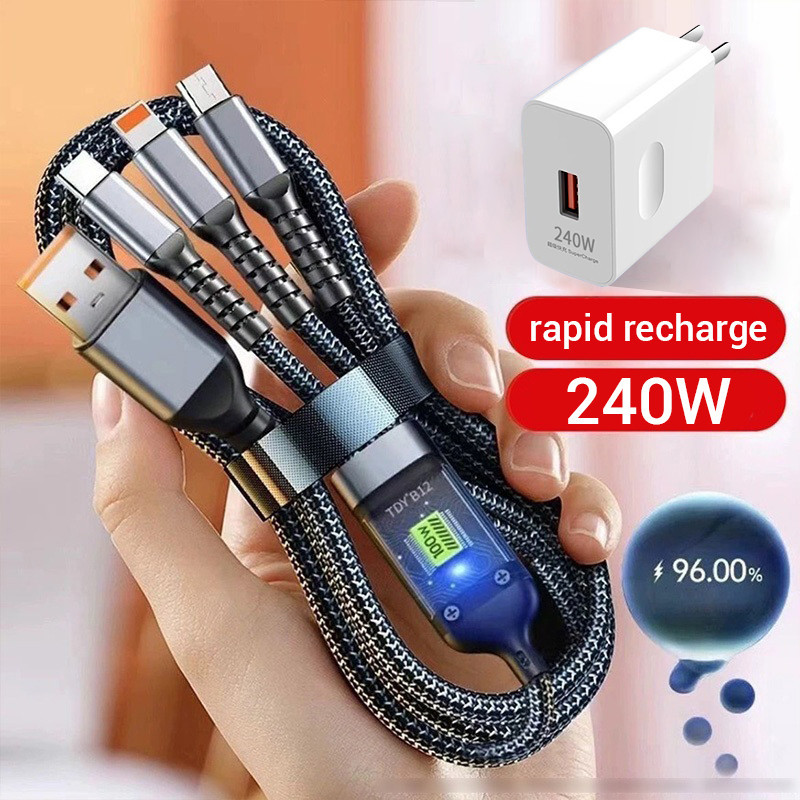 Black braided anti-bending data cable super fast charging 240W Type-C data cable for iPhone ios USB Androi  three-in-one