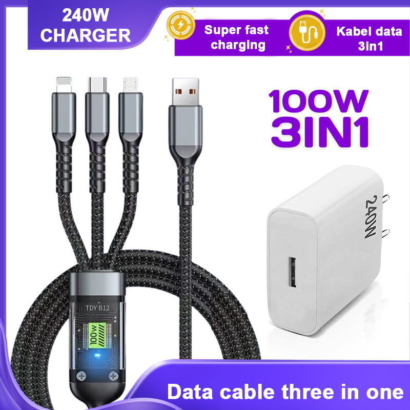 Braided three-in-one data cable 120W data cable/charging head 240W super fast charging/type-c for iPhone iOS USB/ROI