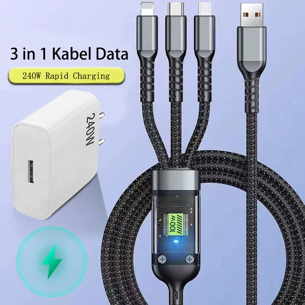 3 in 1 data cable black 240W super fast charging Type-C data cable for iPhone ios USB Android