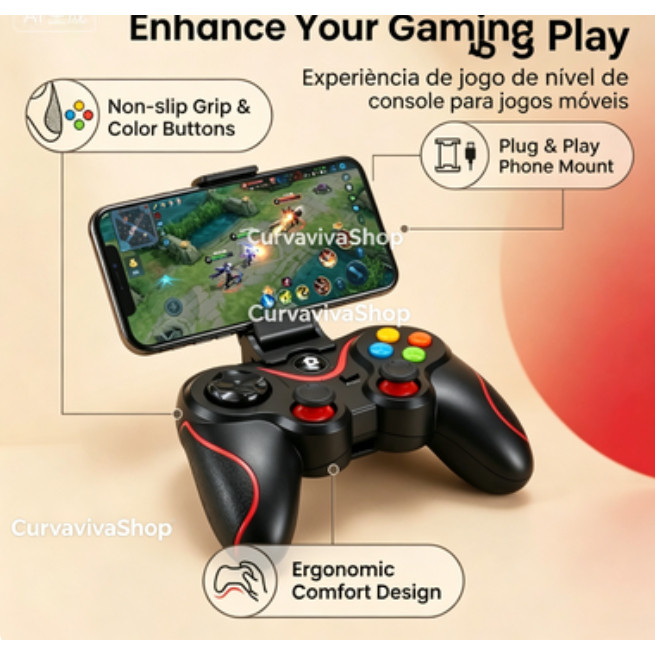 Controle Joystick Bluetooth Universal + cabo usb + suporte para Celular Tablet