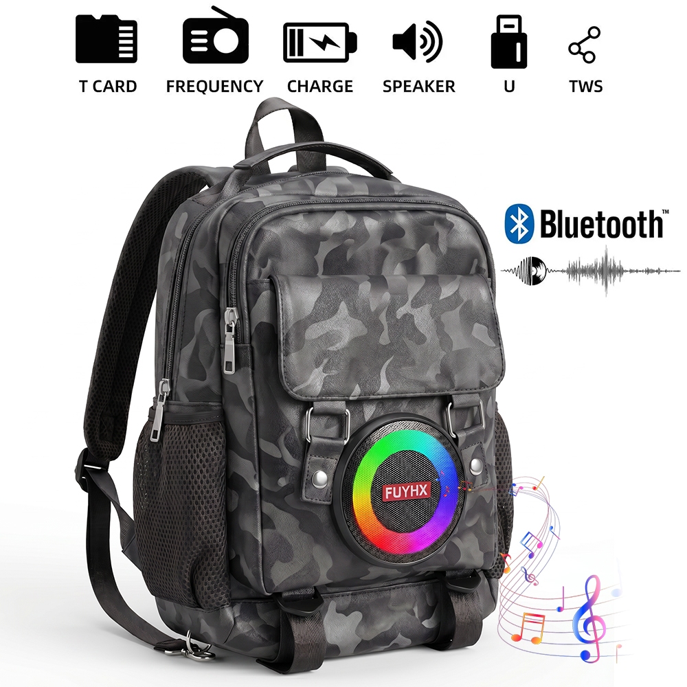 Potencial Bluetooth waterproof and noise free backpack Mochila com Caixa de Som Bluetooth LED RGB Camuflada