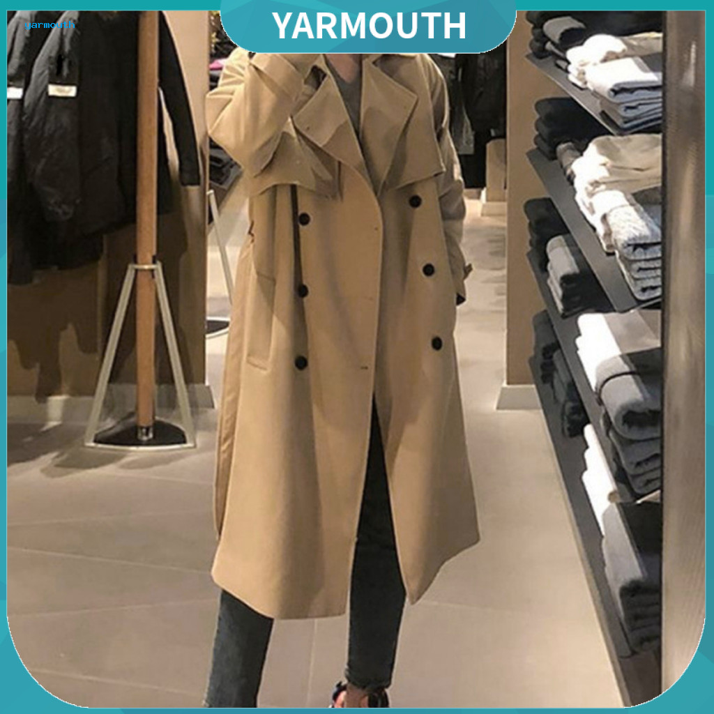 Long Windbreaker Coat Men Calf-length Men's Trench Double Breasted Lapel Collar Sleeve Adjustable Belt Pockets Solid Col