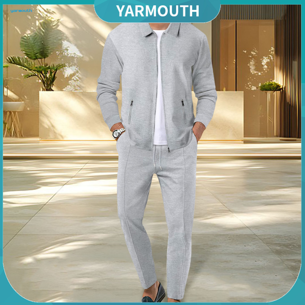 Coat Pants Set Versatile Jacket Trousers Men's 2-piece Outfit – Lapel Zipper Long Sleeve Adjustable Drawstring Elastic