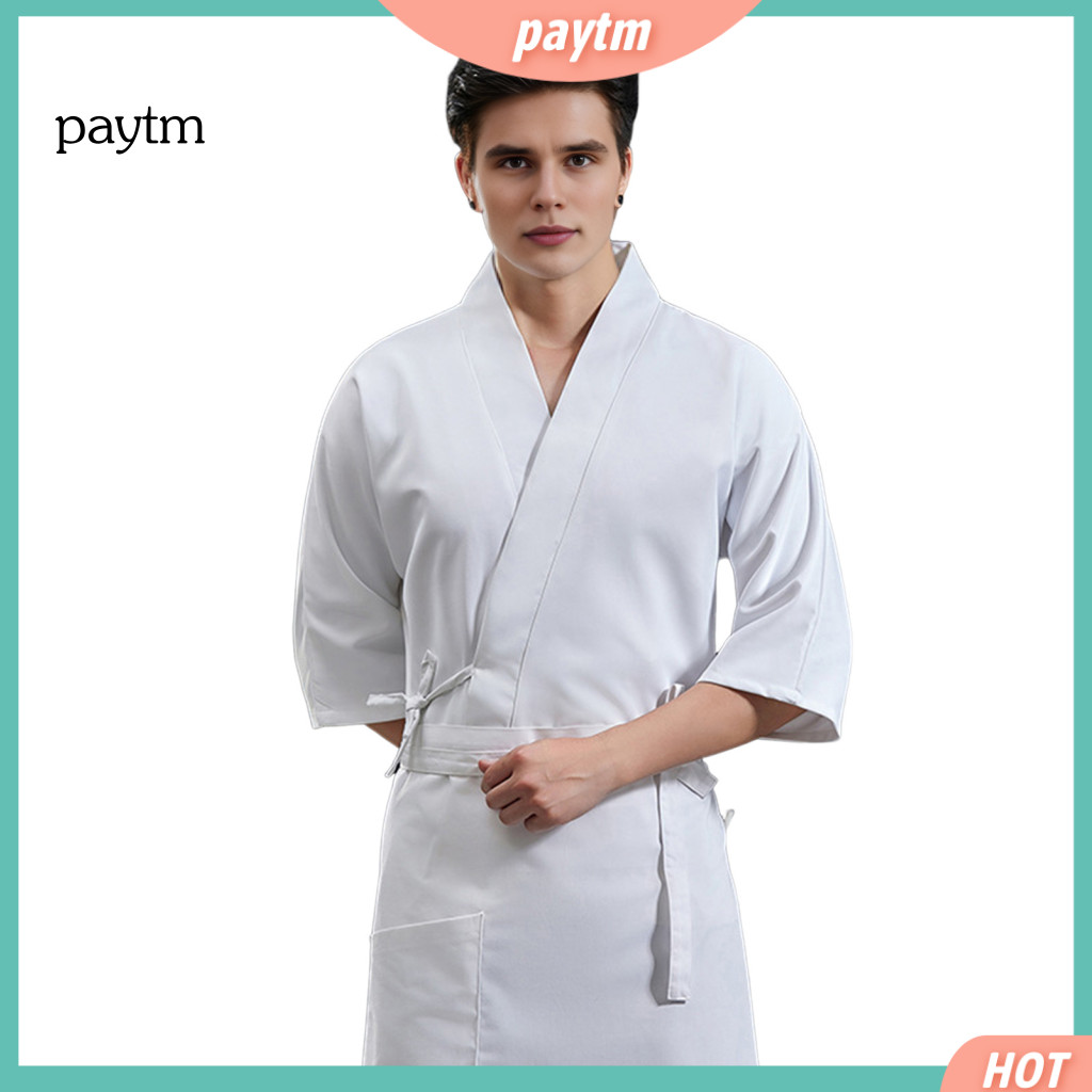 Japanese Cuisine Chef Uniform Cotton Blend Coat Unisex Jacket with Apron Adjustable Waist Strap V-neck Crossover Style P