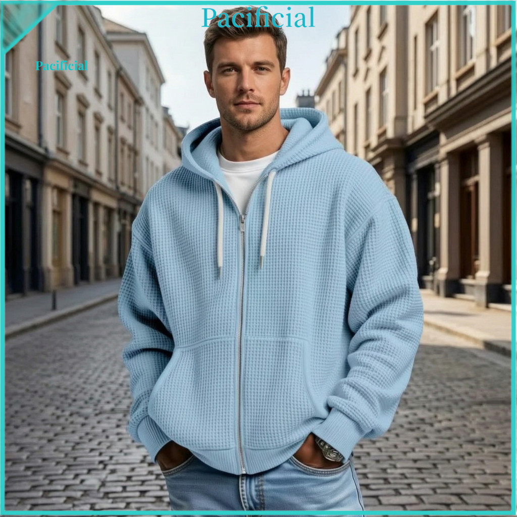 Mens Waffle Jacket Long Sleeve Sport Hoodie Men’s Lightweight Hooded – Solid Knit Zip-up with Adjustable Hood Pocket