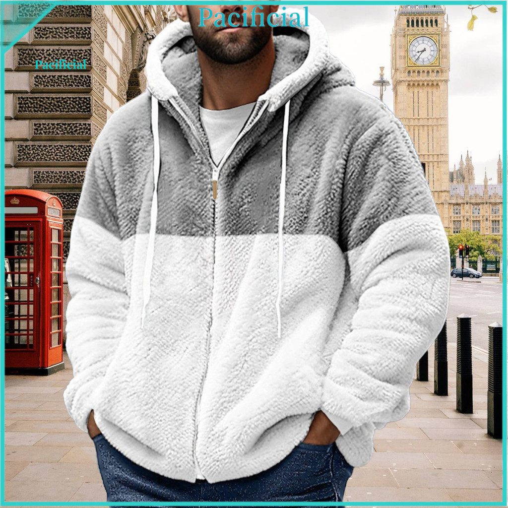 Men Coat Casual Hooded Jacket Men's Fleece Warm Zipper Long Sleeve Adjustable Drawstring Outerwear for Autumn Winter –