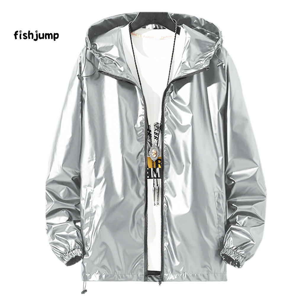 Drawstring Hem Jacket Loose Fit Hoodie Men's Shiny Glossy Hooded with Adjustable Drawstrings Long Sleeve Teen Coat Cuffe