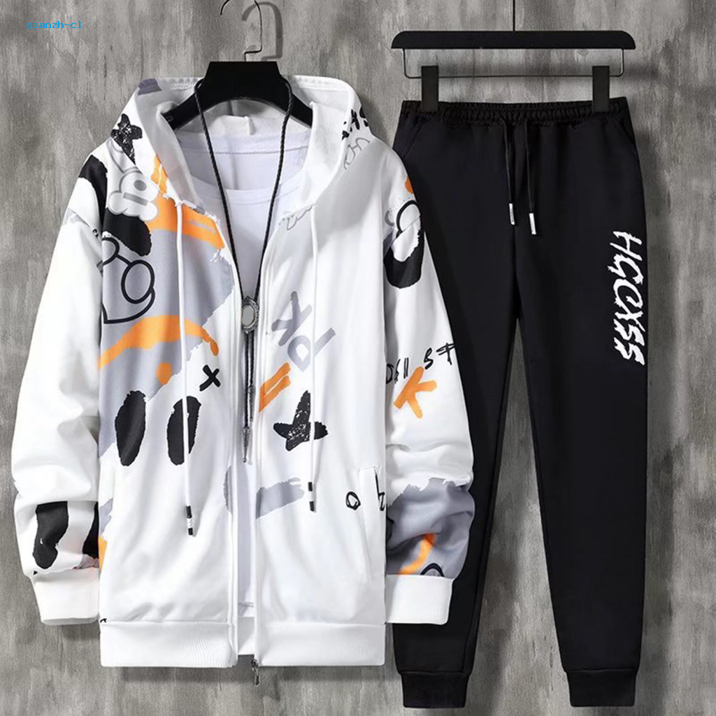 Men Sportswear Set Adjustable Drawstring 2 Pcs Tracksuit Hooded Jacket Pants Letter Print Waist Zipper Closure Loose Fit