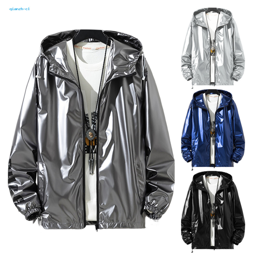 Regular Fit Hooded Jacket Adjustable Drawstring Men's Shiny Glossy with Drawstrings Long Sleeve Teen Coat Cuffed for Sty