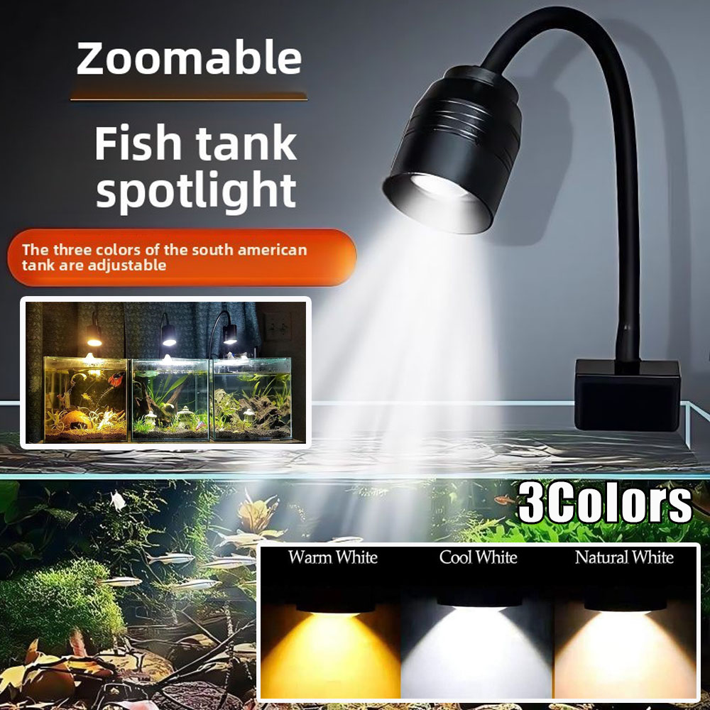 Luz de aquário com zoom e luz ambiente com 3 cores USB, com clipe de 360° para plantas aquáticas e habitat de tartaruga