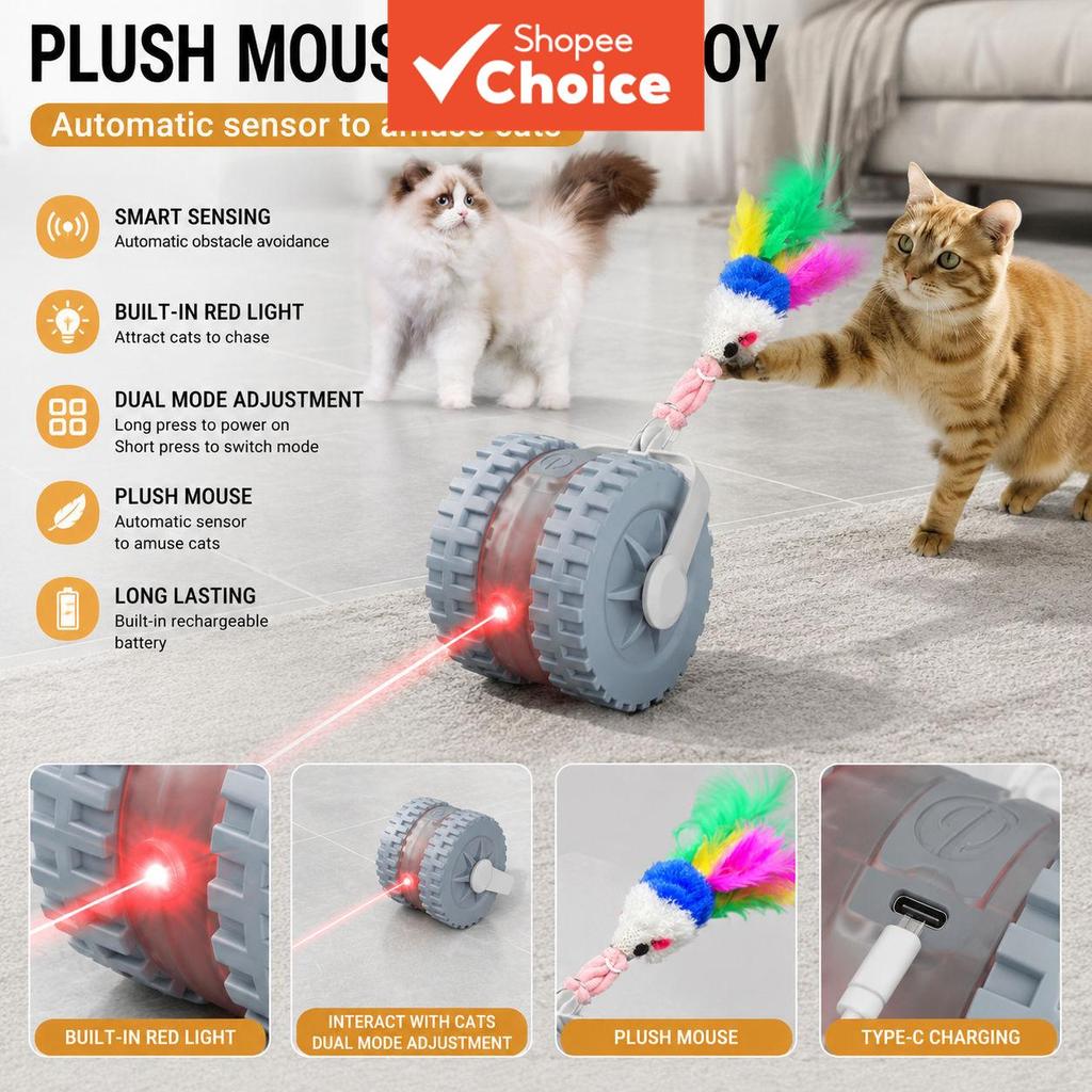 Rato Automático Móvel Interativo com Ponteiro a Laser, Brinquedo 2 em 1 Recarregável USB