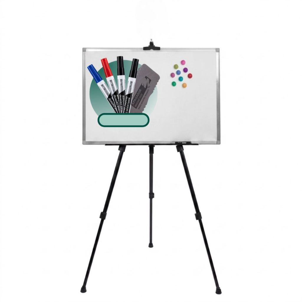 Quadro Branco Magnético 70x50cm com Cavalete Tripé + 4 Canetas + 1 Apagador Magnético