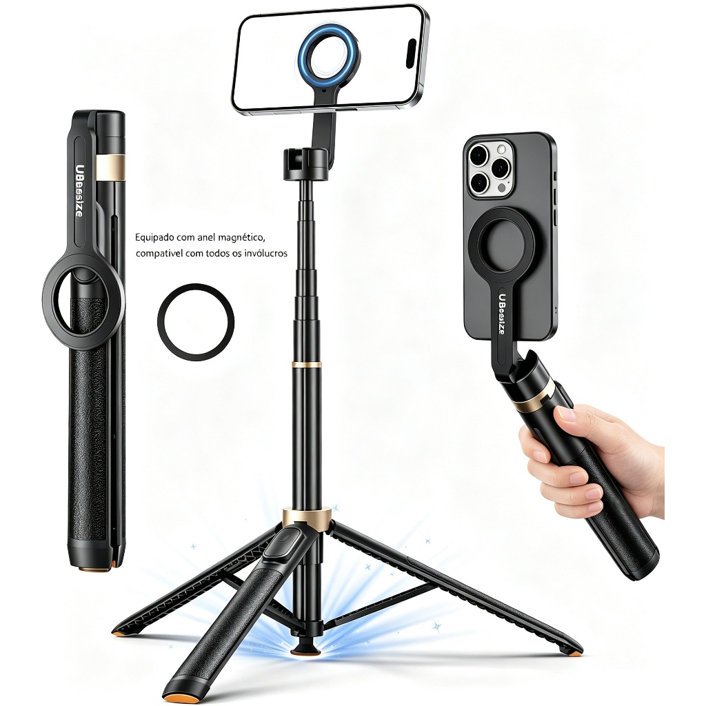 1.8M Magnetic Tripod Selfie Stick Bluetooth Remote, With Magnetic Ring for All Smartphones