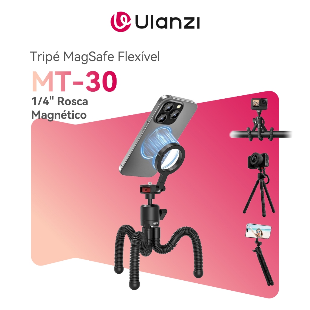 ULANZI MT-30 Tripé Magnético Flexível MagSafe Para Celular E Câmeras Mini Suporte Polvo 1/4