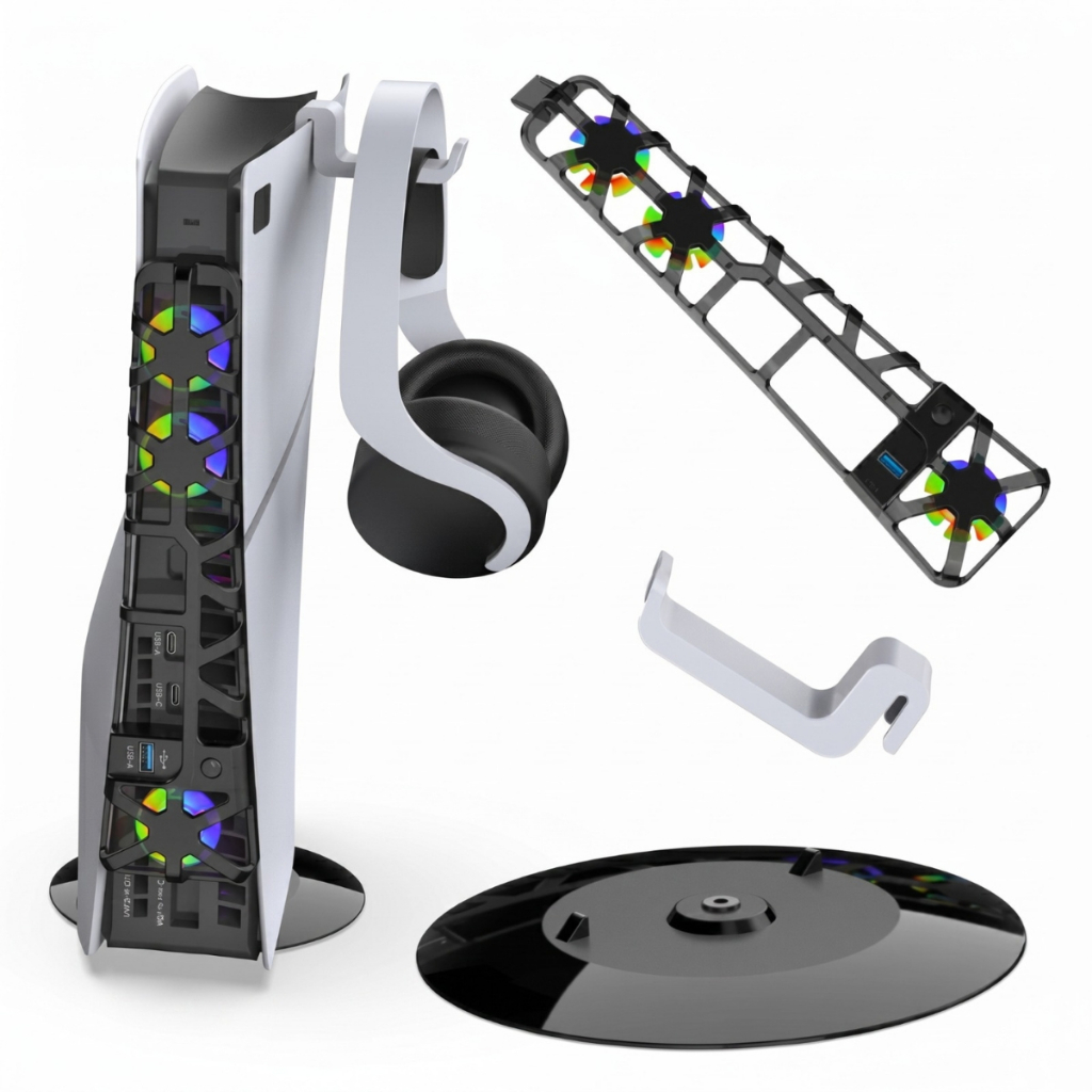 Base 3 em 1 Disco Cooler Led Suporte para Fone Compatível com Playstation 5 Slim Disco Digital