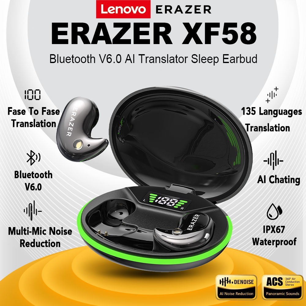 Lenovo ERAZER XF58 Fone De Ouvido AI Tradução Sem Fio Bluetooth 6.0 Para Dormir Super Bass Microfone